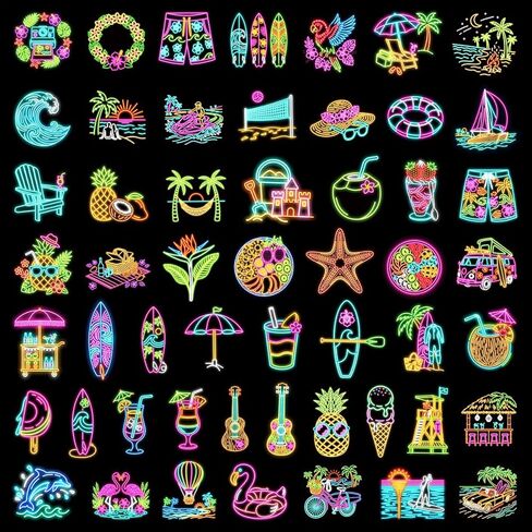100 Pcs Summer Neon Waterproof Vinyl Stickers for Water Bottle, Cool Luau Tropical Hawaiian Beach Party Favors for Kids in Kuwait