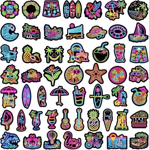 100 Pcs Summer Neon Waterproof Vinyl Stickers for Water Bottle, Cool Luau Tropical Hawaiian Beach Party Favors for Kids in Kuwait