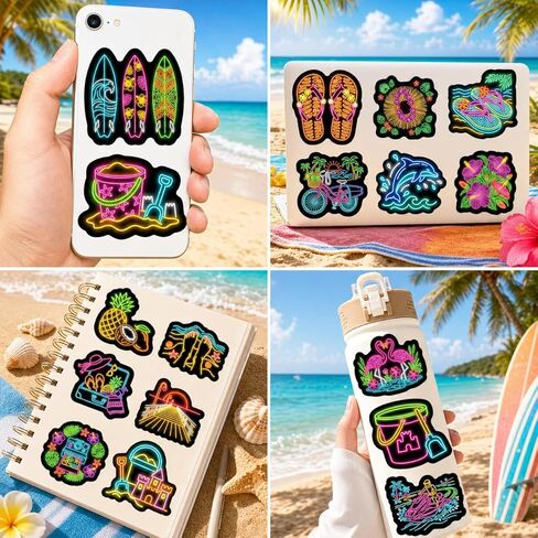 100 Pcs Summer Neon Waterproof Vinyl Stickers for Water Bottle, Cool Luau Tropical Hawaiian Beach Party Favors for Kids in Kuwait