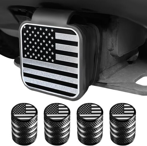 American Flag Trailer Hitch Cover (1-Pack) & 4-Pack Valve Stem Caps – Durable 2-Inch Hitch Receiver Plug and Tire Valve Covers for Cars, SUVs, Pickup Trucks, Patriotic Auto Accessories in Saudi Arabia