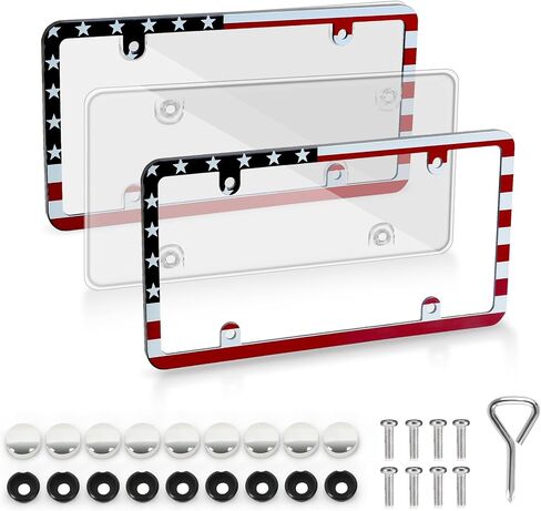 License Plate Protector Unbreakable License Plate Covers and Frames Set Front and Rear Clear License Plate Cover License Plate Frames Fits Standard Us Plates with Screws Caps (Flag) in Saudi Arabia