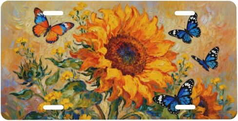 Sunflower Butterfly Flower Front License Plate Car Decorative License Plates Aluminum Metal Decor Accessory Novelty Vanity Tag Cover with 4 Holes for Men Women 6" X 12" in Saudi Arabia