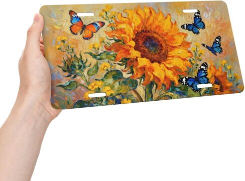 Sunflower Butterfly Flower Front License Plate Car Decorative License Plates Aluminum Metal Decor Accessory Novelty Vanity Tag Cover with 4 Holes for Men Women 6" X 12" in Saudi Arabia