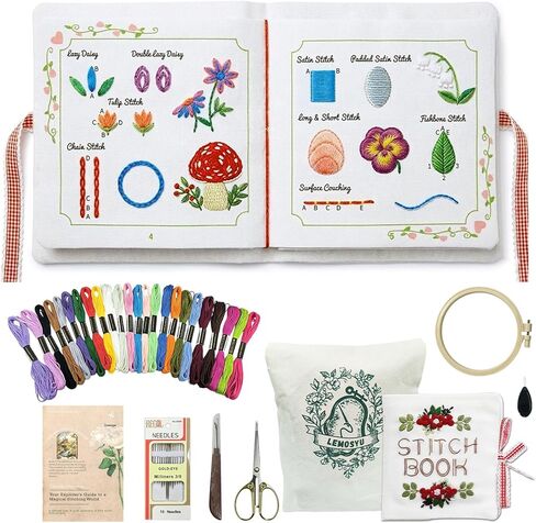 Lemosyu Embroidery Stitch Book Kit for Beginners, Structured Learning with 57 Essential Stitches & 132 Patterns - Step-by-Step and Video, Portable Embroidery Kit for Adults & DIY Craft Lovers Gift in Saudi Arabia