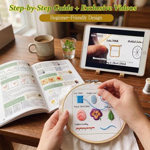Lemosyu Embroidery Stitch Book Kit for Beginners, Structured Learning with 57 Essential Stitches & 132 Patterns - Step-by-Step and Video, Portable Embroidery Kit for Adults & DIY Craft Lovers Gift in Saudi Arabia