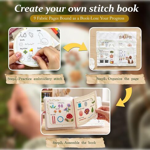 Lemosyu Embroidery Stitch Book Kit for Beginners, Structured Learning with 57 Essential Stitches & 132 Patterns - Step-by-Step and Video, Portable Embroidery Kit for Adults & DIY Craft Lovers Gift in Saudi Arabia