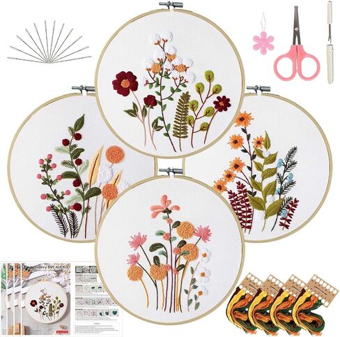 DMFXNBLM Embroidery Kit for Beginners, 4 Floral Pre-PrintedPatterns, Includes Multiple Accessories, with Step-By-Step Instructions and Clear Videos, Complete Kit Gift for Craft Lovers in Saudi Arabia