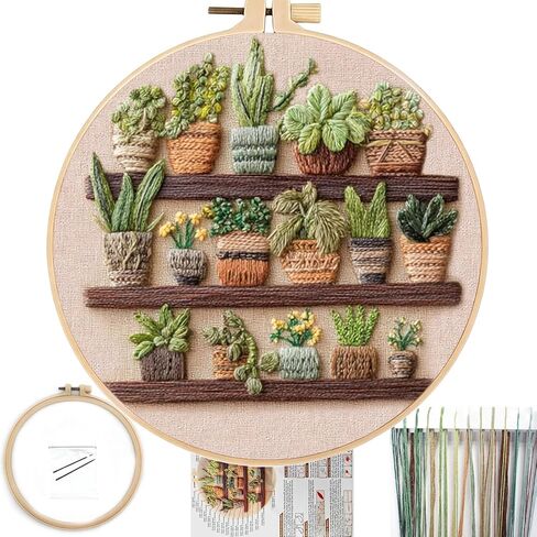 FONNUY Green Plant Embroidery Kit, Petite Potted Plants Patterns, Cross Stitch Kits for Adults and Beginners, Handmade Crafts with Printed Pattern Set, Thread Needlework, 8'' Hoop (Greeen A02) in Saudi Arabia