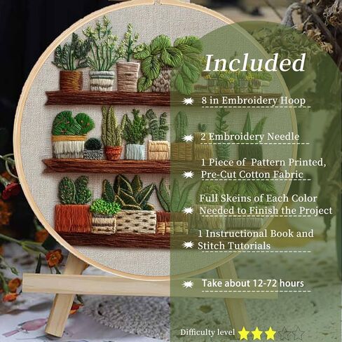 FONNUY Green Plant Embroidery Kit, Petite Potted Plants Patterns, Cross Stitch Kits for Adults and Beginners, Handmade Crafts with Printed Pattern Set, Thread Needlework, 8'' Hoop (Greeen A02) in Saudi Arabia