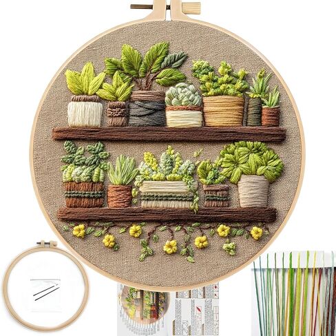 FONNUY Green Plant Embroidery Kit, Petite Potted Plants Patterns, Cross Stitch Kits for Adults and Beginners, Handmade Crafts with Printed Pattern Set, Thread Needlework, 8'' Hoop (Greeen A02) in Saudi Arabia