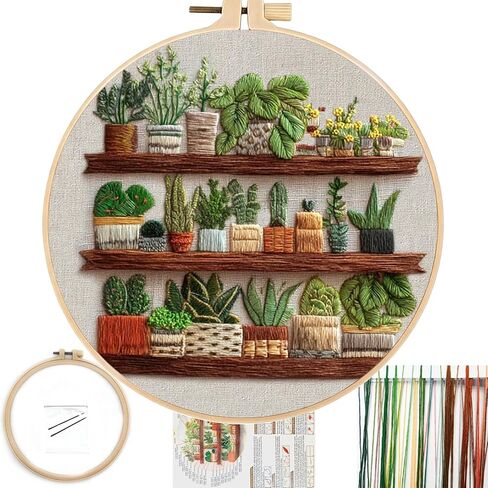 FONNUY Green Plant Embroidery Kit, Petite Potted Plants Patterns, Cross Stitch Kits for Adults and Beginners, Handmade Crafts with Printed Pattern Set, Thread Needlework, 8'' Hoop (Greeen A02) in Saudi Arabia