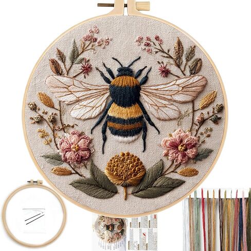FONNUY Embroidery Kit for Beginners, Boho Floral Bee Pre-Stamped Pattern Kits for Adults with Hoop, Easy to Follow Color Thread Needlework, 8'' Hoop (Honeybee A001) in Saudi Arabia