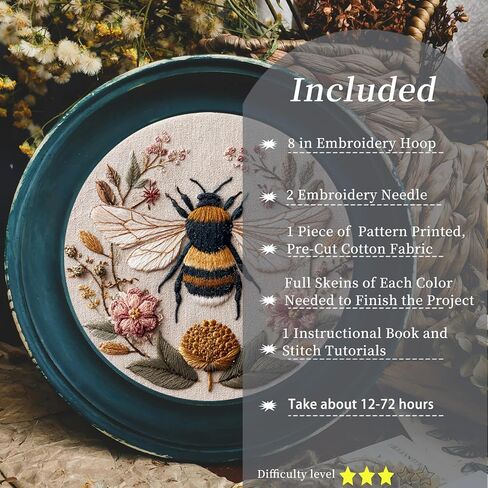 FONNUY Embroidery Kit for Beginners, Boho Floral Bee Pre-Stamped Pattern Kits for Adults with Hoop, Easy to Follow Color Thread Needlework, 8'' Hoop (Honeybee A001) in Saudi Arabia