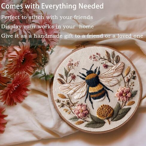 FONNUY Embroidery Kit for Beginners, Boho Floral Bee Pre-Stamped Pattern Kits for Adults with Hoop, Easy to Follow Color Thread Needlework, 8'' Hoop (Honeybee A001) in Saudi Arabia