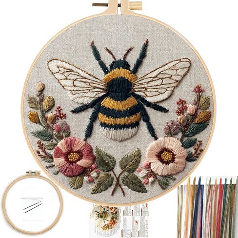 FONNUY Embroidery Kit for Beginners, Boho Floral Bee Pre-Stamped Pattern Kits for Adults with Hoop, Easy to Follow Color Thread Needlework, 8'' Hoop (Honeybee A001) in Saudi Arabia
