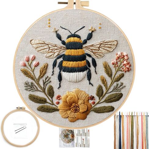 FONNUY Embroidery Kit for Beginners, Boho Floral Bee Pre-Stamped Pattern Kits for Adults with Hoop, Easy to Follow Color Thread Needlework, 8'' Hoop (Honeybee A001) in Saudi Arabia