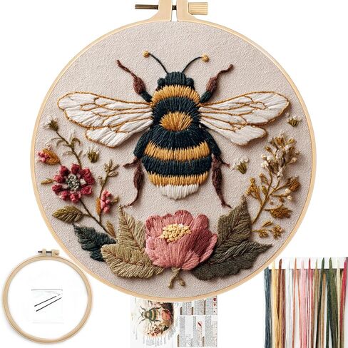 FONNUY Embroidery Kit for Beginners, Boho Floral Bee Pre-Stamped Pattern Kits for Adults with Hoop, Easy to Follow Color Thread Needlework, 8'' Hoop (Honeybee A001) in Saudi Arabia