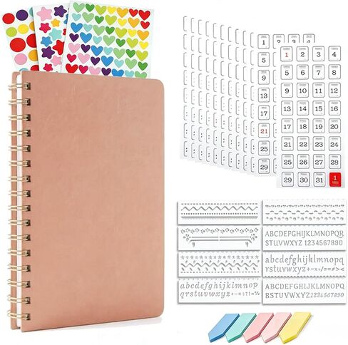 Dot Grid Journal Starter Kit, A5 Spiral Notebook with Stencil Ruler, Date & Color Stickers, Hardcover, 120gsm Thick Paper, Subtle Blue Dotted Pages for Planning, Study & Work - Green in Kuwait