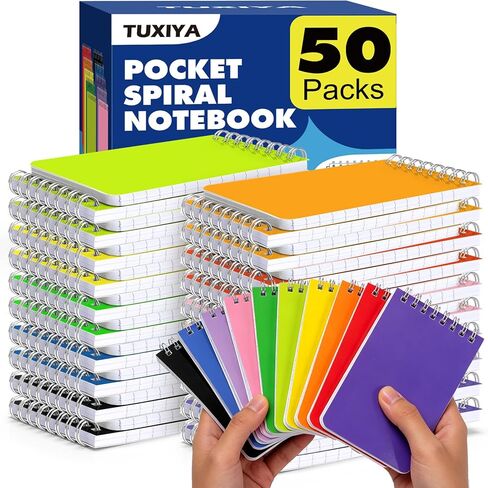 TUXIYA جيب دفتر بكميات كبيرة 3x5 بوصة، 50 حزمة صغيرة من المفكرة الحلزونية ذات الصفحات المسطرة، 10 ملونة 50 ورقة / 100 صفحة (80 جرامًا لكل متر مربع)، دفاتر ملاحظات صغيرة للمكتب، العمل، الكلية، المنزل، السفر in Kuwait