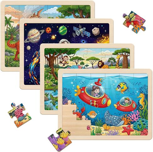 Wooden Puzzles for Kids Ages 4-6, Set of 4 Packs with 24 Piece Wooden Jigsaw Puzzles Preschool Educational Learning Toys Gifts for 3 4 5 6 Boys Girls in Saudi Arabia