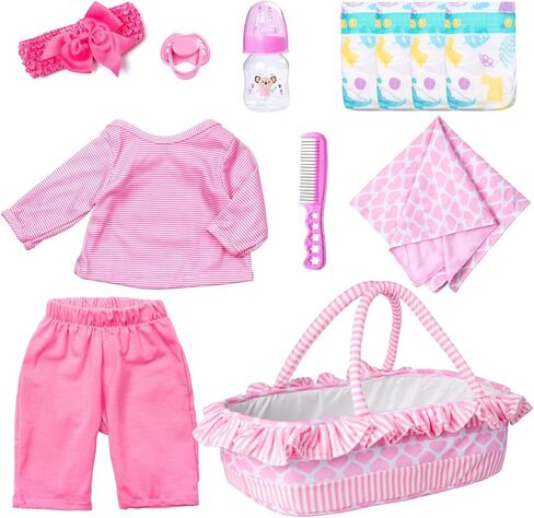 BABYFERE12 قطعة من ملابس دمى الأطفال حديثي الولادة مع بطانية سرير لدمى تولد من جديد مقاس 17-18 بوصة إكسسوارات ملابس سرير حامل وردي حفاضات دمية أطفال مجموعة لعب للأطفال in Kuwait