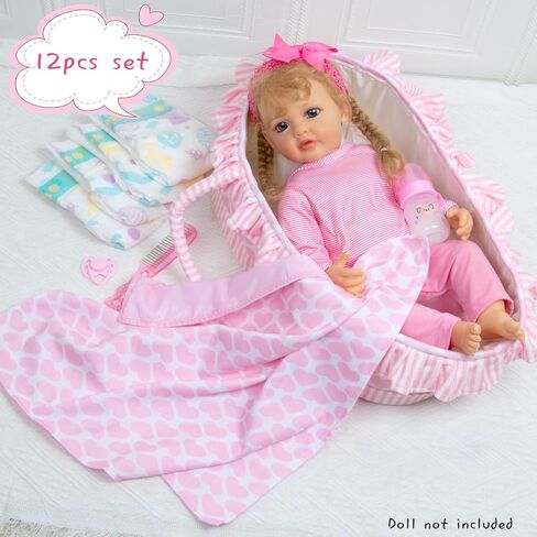 BABYFERE12 قطعة من ملابس دمى الأطفال حديثي الولادة مع بطانية سرير لدمى تولد من جديد مقاس 17-18 بوصة إكسسوارات ملابس سرير حامل وردي حفاضات دمية أطفال مجموعة لعب للأطفال in Kuwait