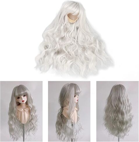 Fayelume Doll Wig, Curly Wigs, Long White Wig, 1/6 Bjd Doll Hair with Bangs for Doll Dress up Silver Gray in Kuwait