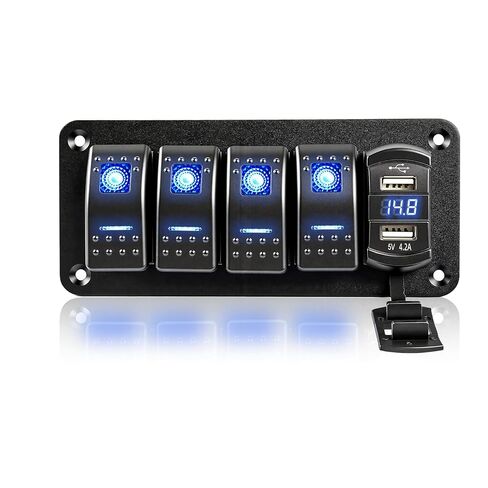 4 Gang Switch Panel with Dual USB Charger, 12-24V LED Digital Voltmeter, IP65 Waterproof Rocker Switch Panel for Boat RV Truck Marine SUV UTV in Saudi Arabia