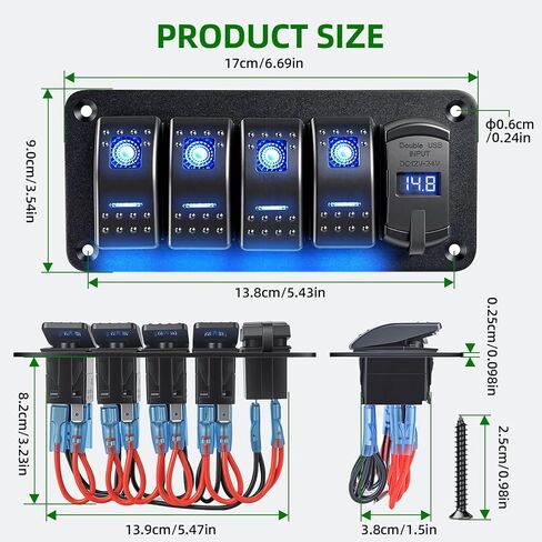 4 Gang Switch Panel with Dual USB Charger, 12-24V LED Digital Voltmeter, IP65 Waterproof Rocker Switch Panel for Boat RV Truck Marine SUV UTV in Saudi Arabia