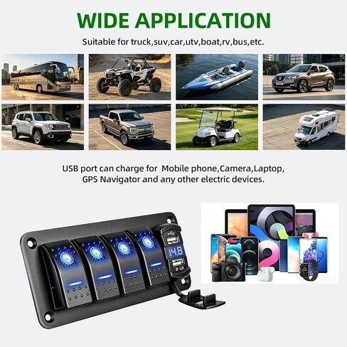 4 Gang Switch Panel with Dual USB Charger, 12-24V LED Digital Voltmeter, IP65 Waterproof Rocker Switch Panel for Boat RV Truck Marine SUV UTV in Saudi Arabia