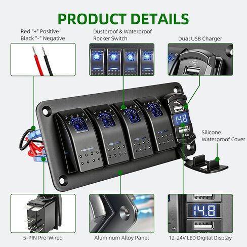4 Gang Switch Panel with Dual USB Charger, 12-24V LED Digital Voltmeter, IP65 Waterproof Rocker Switch Panel for Boat RV Truck Marine SUV UTV in Saudi Arabia