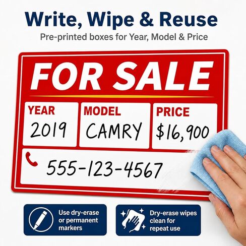 Magnetic FOR SALE Sign for Car (2 Pack) - Reusable Dry Erase Vehicle Magnet, 12.2"x9" High Visibility Weatherproof Auto Sale Signs for Cars Trucks SUV RV in Kuwait