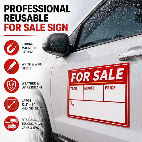 Magnetic FOR SALE Sign for Car (2 Pack) - Reusable Dry Erase Vehicle Magnet, 12.2"x9" High Visibility Weatherproof Auto Sale Signs for Cars Trucks SUV RV in Kuwait