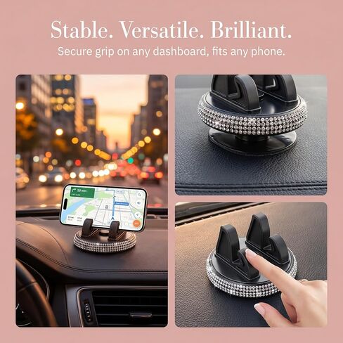 360° Rotation Bling Rhinestone Car Phone Holder,Adjustable Self-Adhesive Dashboard Mount for Most Vehicles-Black in Kuwait
