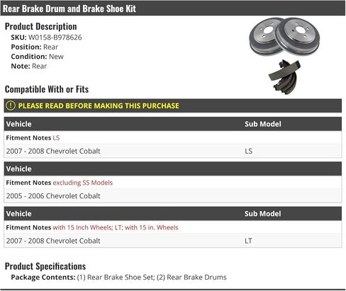 Marketplace Auto Parts Rear Brake Drum and Brake Shoe Kit - Compatible with 2005-2008 Chevy Cobalt in Kuwait