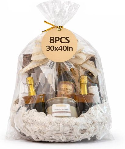WIKDAY Cellophane Wrap for Gift Baskets 30x40 Inches 8 PCS Large Clear Gift Wrapping Plastic Bags with Ties for Gift Giving, Packaging Products in Saudi Arabia