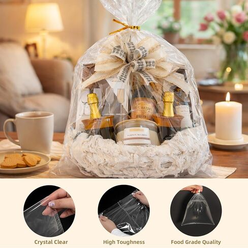 WIKDAY Cellophane Wrap for Gift Baskets 30x40 Inches 8 PCS Large Clear Gift Wrapping Plastic Bags with Ties for Gift Giving, Packaging Products in Saudi Arabia
