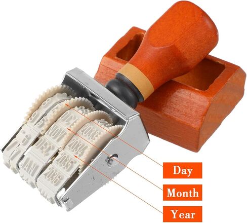 Roller Date Stamp, 2025-2035 Day Month Year Retro Date Stamp, Adjustable Wheel Stamper with Wooden Handle and Base for DIY Card Craft Planner Scrapbook in Kuwait