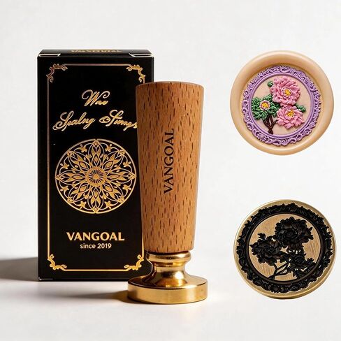 VANGOAL Wax Seal Stamp, Floral Series, 3D Embossed Brass Stamp Head with Wooden Handle, Vintage Sealing Kit for Wedding Invitations, Envelopes, Gift Wrapping, Letters and Crafts (Peony with Frame) in Saudi Arabia