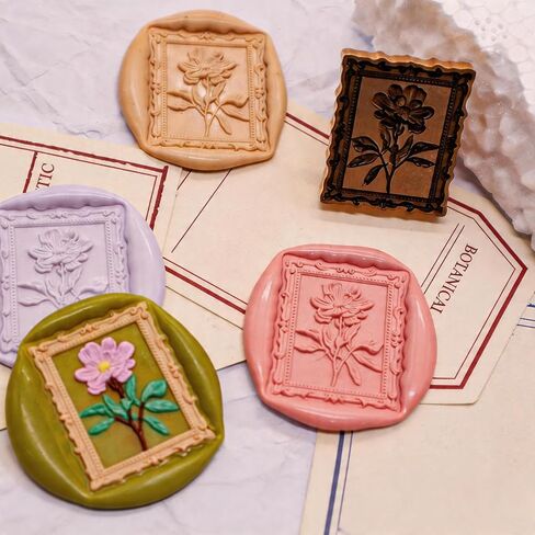 VANGOAL Wax Seal Stamp, Floral Series, 3D Embossed Brass Stamp Head with Wooden Handle, Vintage Sealing Kit for Wedding Invitations, Envelopes, Gift Wrapping, Letters and Crafts (Peony with Frame) in Saudi Arabia