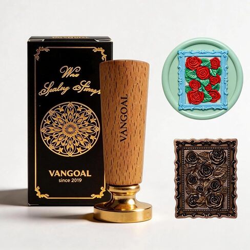 VANGOAL Wax Seal Stamp, Floral Series, 3D Embossed Brass Stamp Head with Wooden Handle, Vintage Sealing Kit for Wedding Invitations, Envelopes, Gift Wrapping, Letters and Crafts (Peony with Frame) in Saudi Arabia