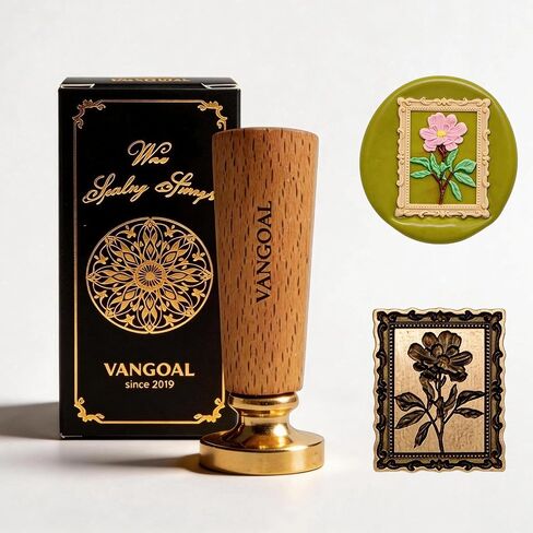 VANGOAL Wax Seal Stamp, Floral Series, 3D Embossed Brass Stamp Head with Wooden Handle, Vintage Sealing Kit for Wedding Invitations, Envelopes, Gift Wrapping, Letters and Crafts (Peony with Frame) in Saudi Arabia