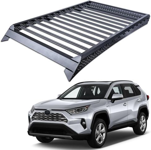 7422437471445 حامل سقف 71 × 47 بوصة متوافق مع 2019-2025 Toyota RAV4 أسود منخفض المستوى مزود بمسمار على سقف البضائع حامل الأمتعة مع هدية الرياح in Kuwait