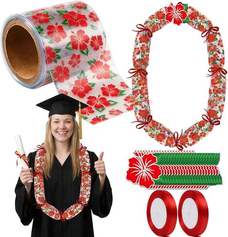 KorViSHOW Graduation Candy Lei Making Kit, 23 Pcs 2026 Grad Hawaiian Candy Leis Tubing Set with Rolls Ribbons and Red Hibiscus Cards for College High School Congrats Graduate Party Supplies Gifts in Saudi Arabia