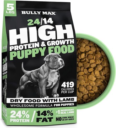 Bully Max Puppy Food 24/14 تركيبة عالية البروتين والنمو - طعام جاف للكلاب مع لحم الضأن والأرز للكلاب الصغيرة والجراء الكبيرة - طبيعي، مطبوخ ببطء، أغذية الحيوانات الأليفة الحساسة للمعدة، حقيبة بوزن 5 رطل in Kuwait
