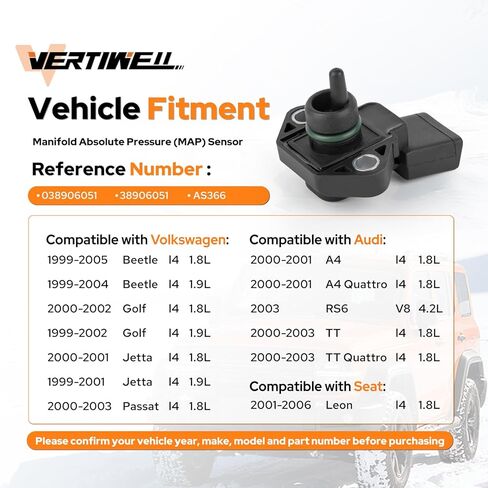 مستشعر خريطة الضغط المطلق المنوع متوافق مع VW Volkswagen Beetle Golf Jetta Audi A4 TT Quattro 1.8L 1.9L L4 V8 1999 2000 2001 2002 2003 2004 2005 يستبدل AS366 038906051 38906051 in Kuwait