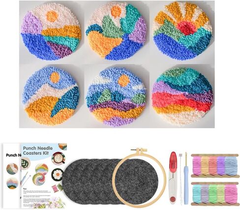 Punch Needle Coasters Kit, 6 Pattern Embroidery Punch Needle Kits, Punch Embroidery Kit for DIY Crafts in Kuwait