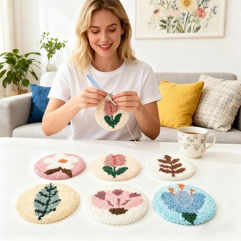 Punch Needle Coasters Kit, 6 Pattern Embroidery Punch Needle Kits, Punch Embroidery Kit for DIY Crafts in Kuwait