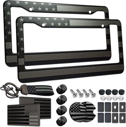 ZXFOOG American Flag License Plate Frames- Black Stainless Steel Patriotic USA Flag Car Tag Holder with Screws, Bonus Metal Stickers, Keychain, Cup Coaster & Valve Stem Caps in Saudi Arabia