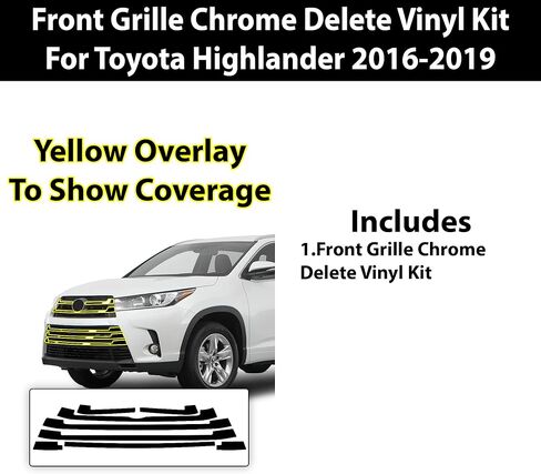 تصميمات BOGAR TECH لسيارة Toyota Highlander 2016-2019 حذف الكروم الأمامي - مجموعة تراكب الفينيل المقطوعة مسبقًا، زخرفة تعتيم سوداء لامعة in Kuwait
